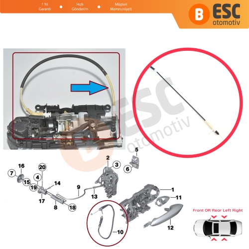 BMW 5 Serisi F10 F11 6 F13 F12 F06 7 F01 F02 F03 F04 51217297439 için Ön veya Arka Dış Kapı Kolu Kilit Açma Teli