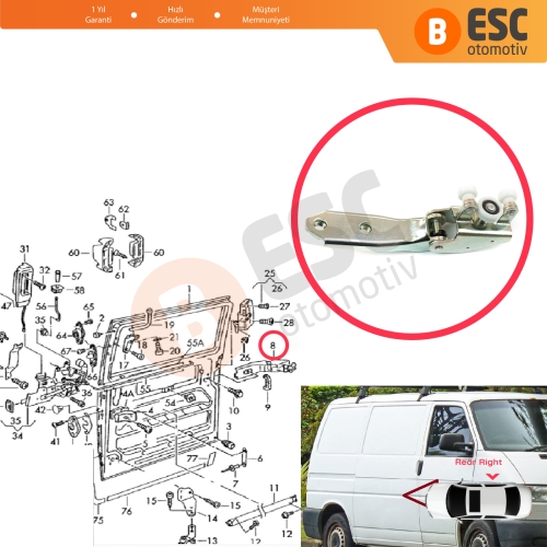 VW Transporter T4 Caravelle 1990-2003 için Sağ Arka Sürgülü Kapı Orta Makarası 701843336A