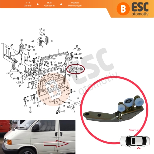VW Transporter T4 1990-2003 için Sol Arka Sürgülü Kapı Orta Makarası