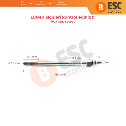 Opel Renault Saab 3.0 Motor İçin 1 Adet Kızdırma Bujisi 7701057806 1214079 11 V