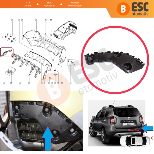 Renault Dacia Duster MK1 HS 2010-2017 622200010R için Arka Sağ Tampon İç Bağlantı Braket Ayağı 