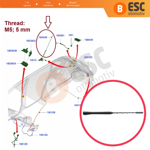Ford Focus 3 C-Max 2 Kuga Escape Explorer Fiesta Flex Fusion Lincoln MKT 1885687 için Anten Çubuğu M5 275 mm