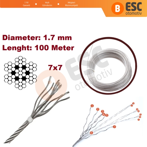 Araç Cam Kriko Tamiri için 7x7 Çelik Tel Halat Tamir Kablosu Çap: 1.7 mm Uzunluk: 100 metre